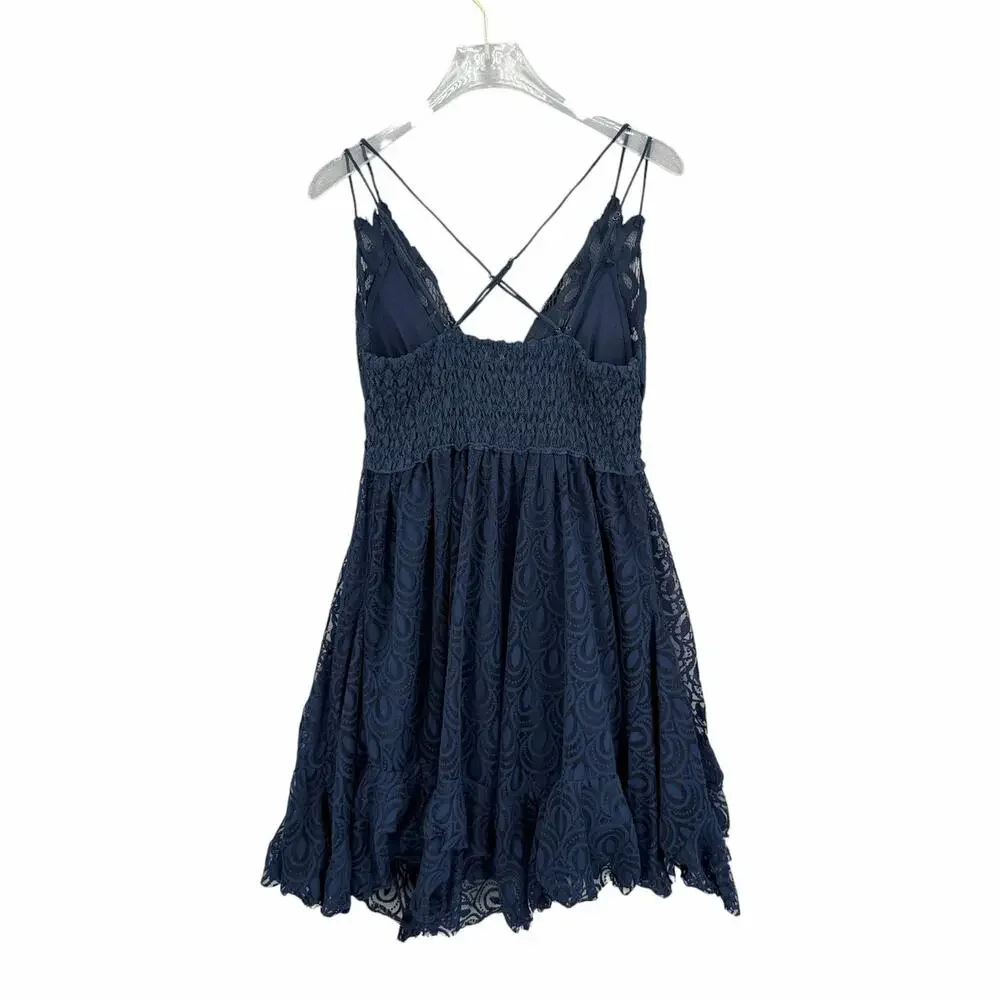 Free People FP One Adella Slip Navy Blue Lace Crochet Strappy Boho Mini Dress